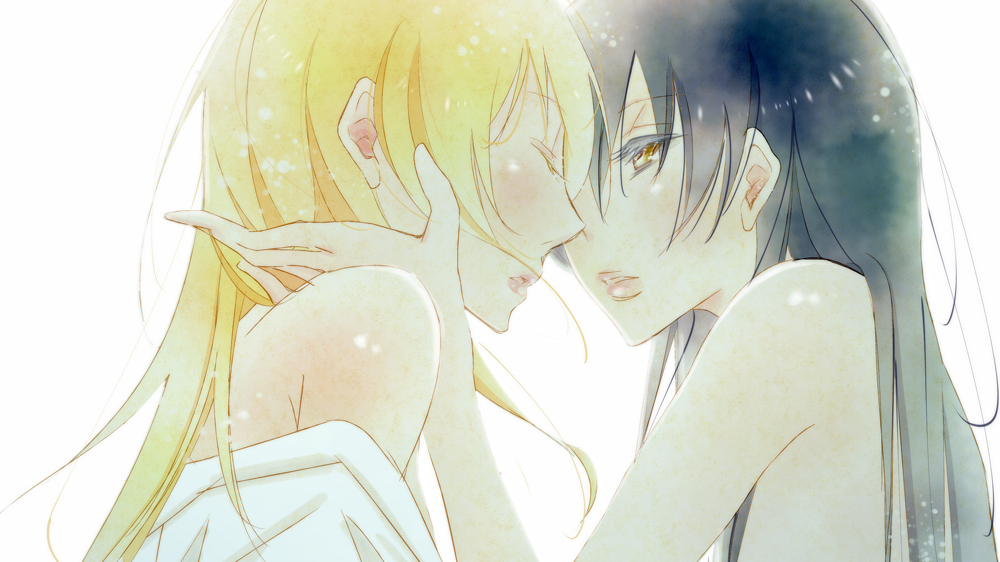 2girls, ayase_eli, blonde_hair, blue_hair, closed_eyes, couple, face-to-face, gigi, hair_down, incipient_kiss, long_hair, looking_at_another, love_live!_school_idol_project, multiple_girls, nude, profile, simple_background, sonoda_umi, undressing, yuri