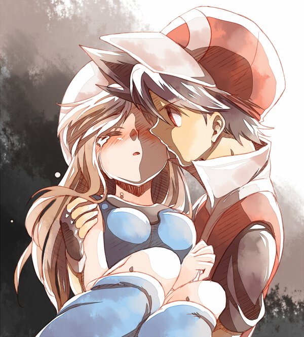 1boy, 1girl, atom_(@tom), black_hair, black_shirt, blue_(pokemon), blue_shirt, blue_socks