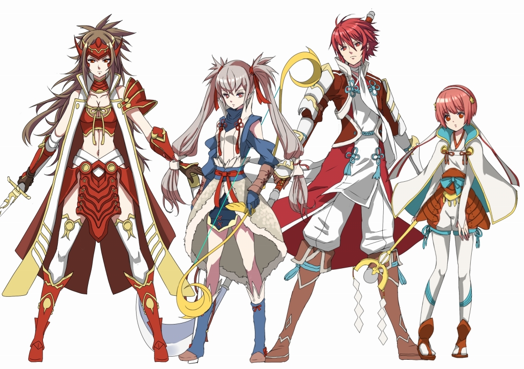 armor, blonde_hair, boots, bow_(weapon), breasts, brother_and_sister, brothers, brown_hair, capelet, cleavage, fire_emblem, fire_emblem_if, genderswap, genderswap_(ftm), genderswap_(mtf), gloves, grey_hair, hinoka_(fire_emblem_if), katana, long_hair, maruo_(mokurentenpu), naginata, orange_eyes, pink_hair, polearm, red_eyes, redhead, ryouma_(fire_emblem_if), sakura_(fire_emblem_if), siblings, simple_background, sisters, staff, sword, takumi_(fire_emblem_if), thigh-highs, twintails, weapon, white_background