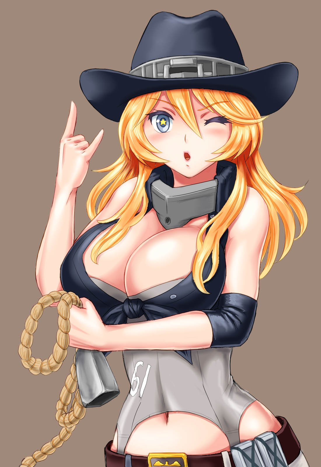 1girl, bell, blonde_hair, blue_eyes, breasts, cleavage, cow_bell, cowboy_hat