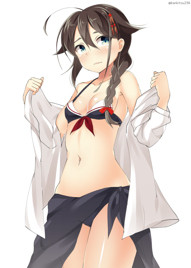 1girl, adapted_costume, bikini, black_hair, blue_eyes, braid, dress_shirt, hair_flaps