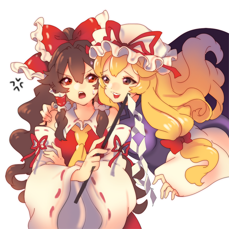 2girls, barefoot, blonde_hair, bow, brown_hair, cheong_ha, detached_sleeves, gap