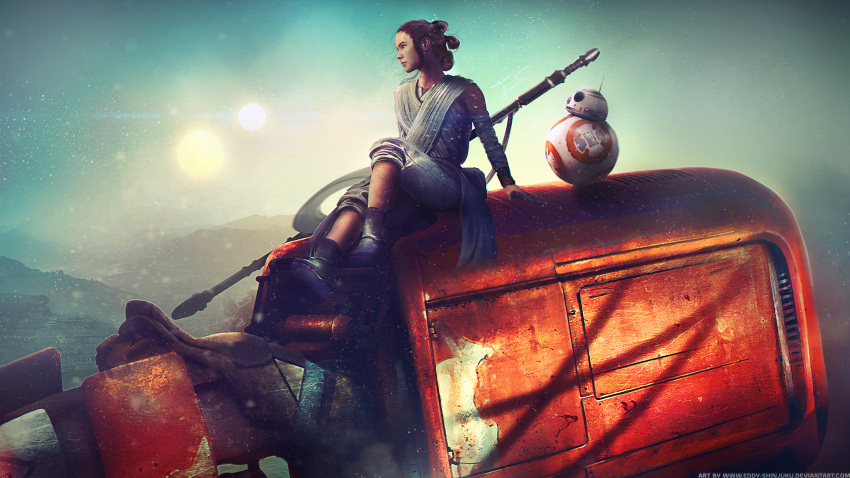 1girl, arm_support, bb-8, boots, brown_hair, eddy_shinjuku, highres, jakku_(star_wars)