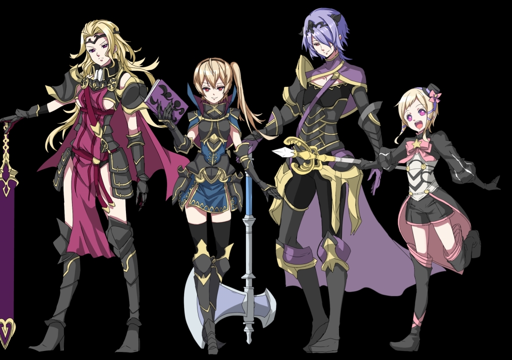 armor, axe, black_background, blonde_hair, book, boots, breasts, brother_and_sister, brothers, camilla_(fire_emblem_if), cape, elise_(fire_emblem_if), fire_emblem, fire_emblem_if, genderswap, genderswap_(ftm), genderswap_(mtf), gloves, hair_over_one_eye, hat, leon_(fire_emblem_if), long_hair, maruo_(mokurentenpu), marx_(fire_emblem_if), open_mouth, orange_eyes, purple_hair, red_eyes, siblings, side_ponytail, simple_background, sisters, staff, sword, tiara, weapon