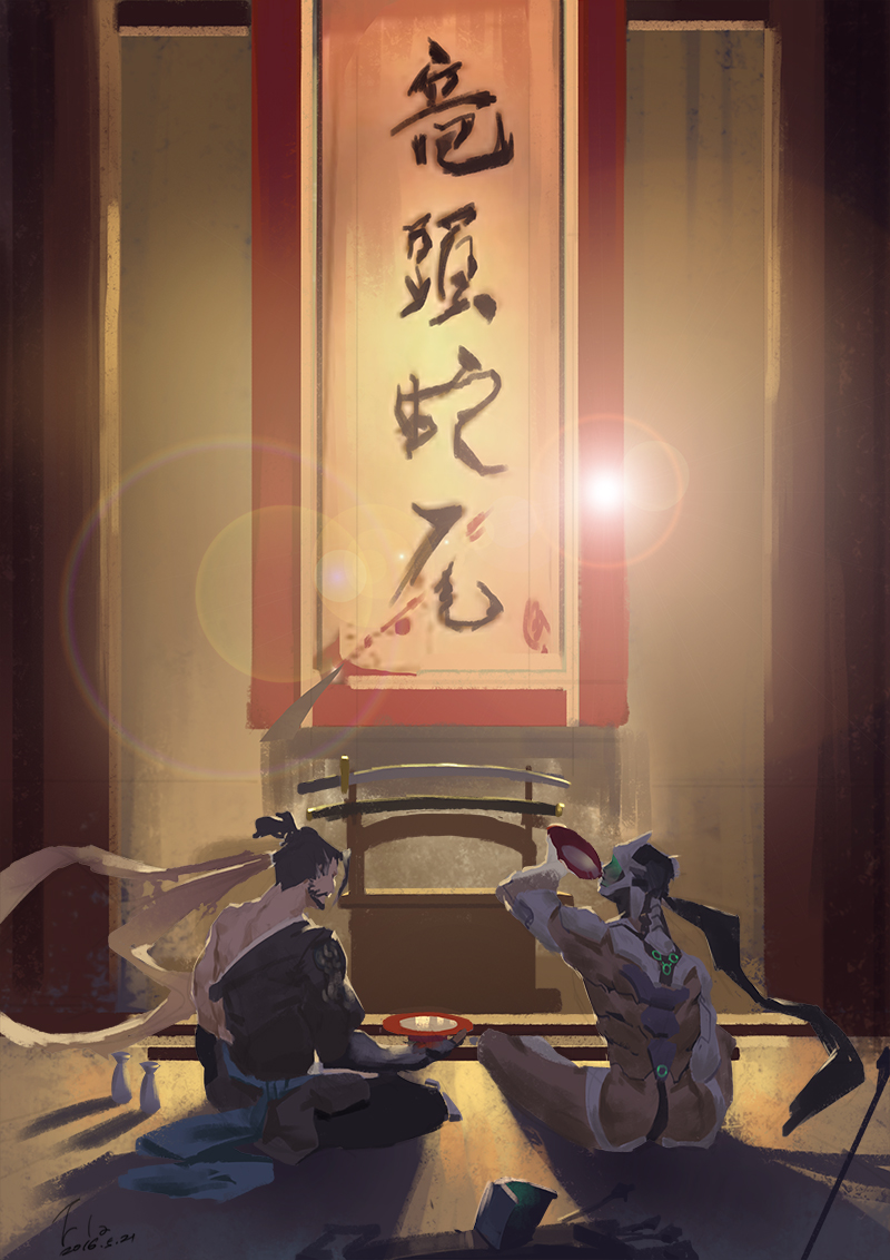 2boys, alcohol, armor, black_hair, blizzard_(company), bodysuit, brothers, cyborg
