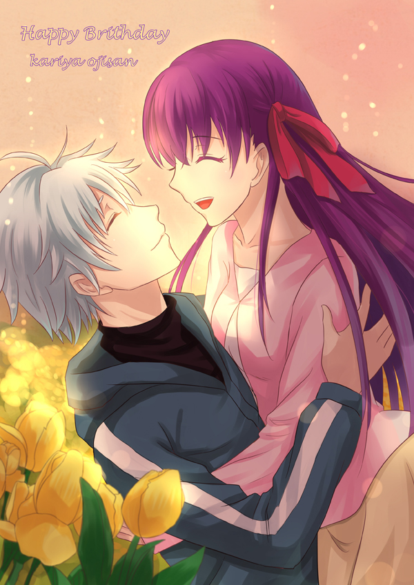 1boy, 1girl, character_name, closed_eyes, flower, hair_ribbon, long_hair, matou_kariya