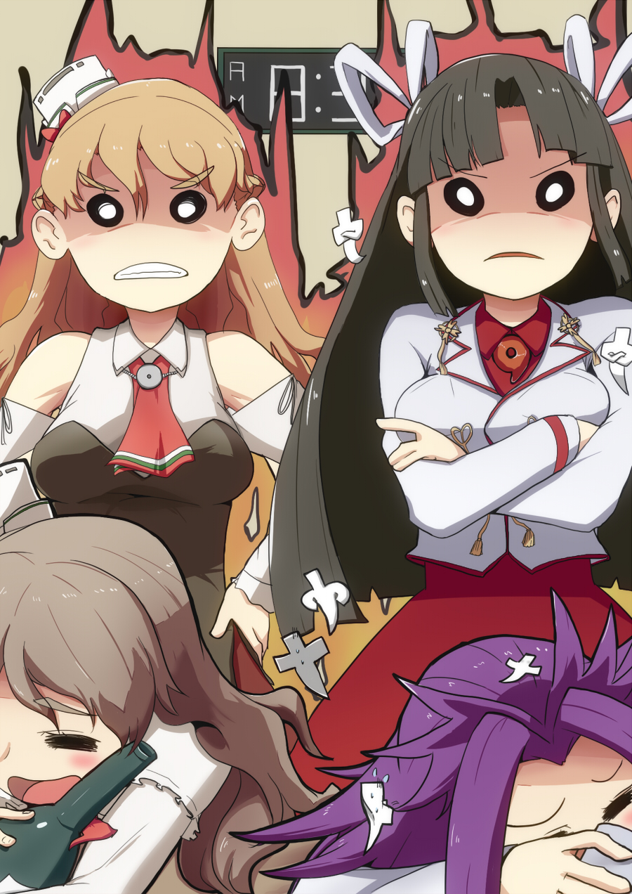 4girls, angry, bare_shoulders, black_hair, blonde_hair, bottle, breasts, crossed_arms, drunk, grey_hair, hand_on_hip, highres, hiyou_(kantai_collection), jun'you_(kantai_collection), kantai_collection, long_hair, multiple_girls, pola_(kantai_collection), purple_hair, zara_(kantai_collection), zaru_no_naka_ni_aru_saikoro