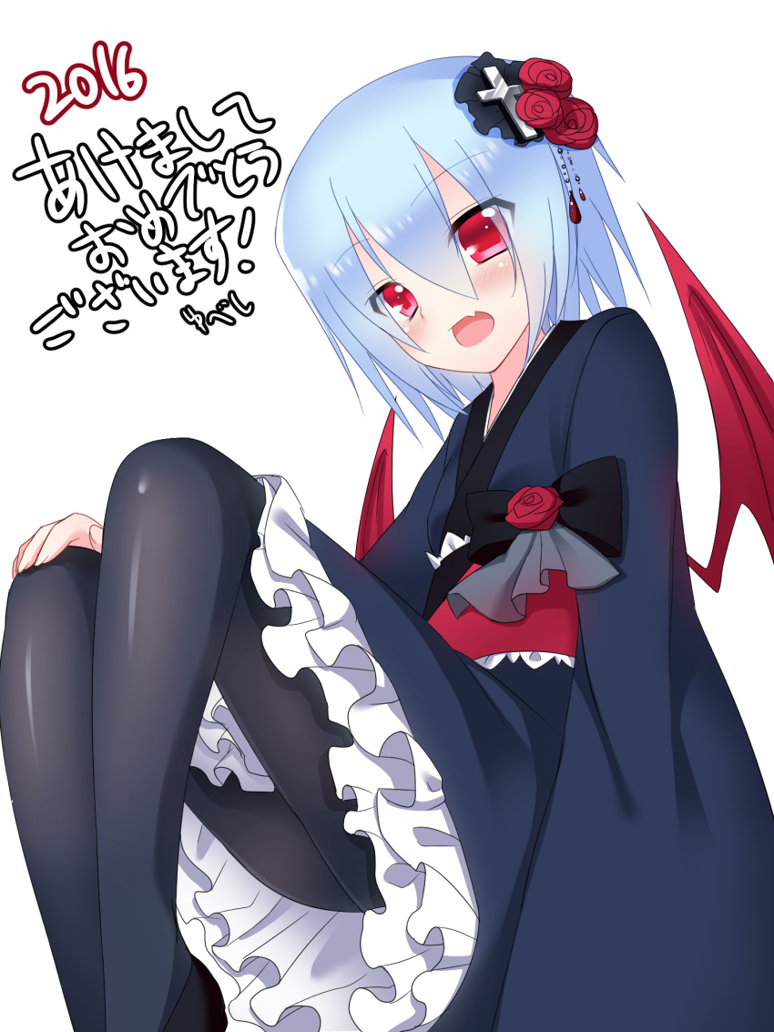 1girl, 2016, bangs, bat_wings, black_legwear, blue_hair, blush, bow