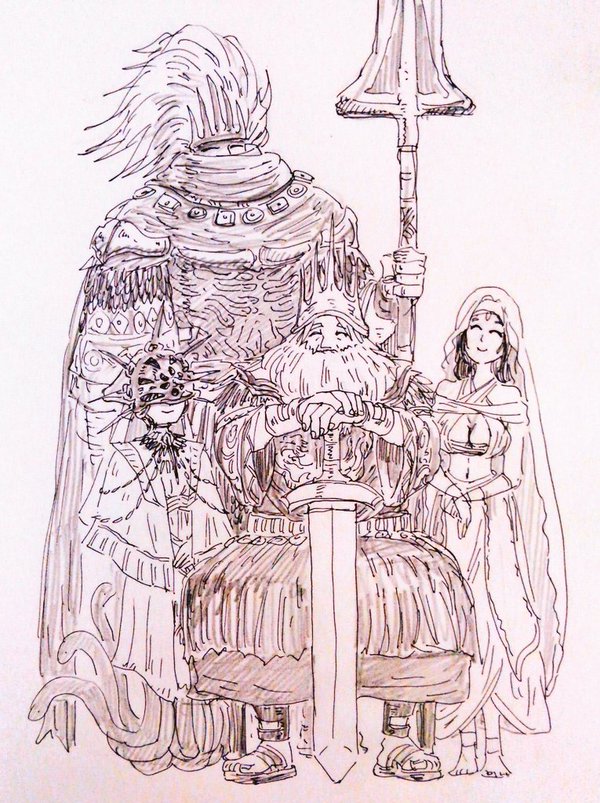 1girl, 3boys, armor, atakabouchi, beard, breasts, cleavage, crown