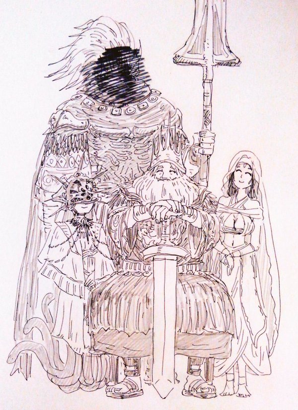 1girl, 3boys, armor, atakabouchi, beard, breasts, cleavage, crown, dark_souls, dark_souls_iii, dark_sun_gwyndolin, facial_hair, family, gwyn_lord_of_cinder, helmet, large_breasts, long_hair, mask, multiple_boys, nameless_king, polearm, queen_of_sunlight_gwynevere, robe, short_hair, smile, souls_(from_software), spear, sword, veil, weapon