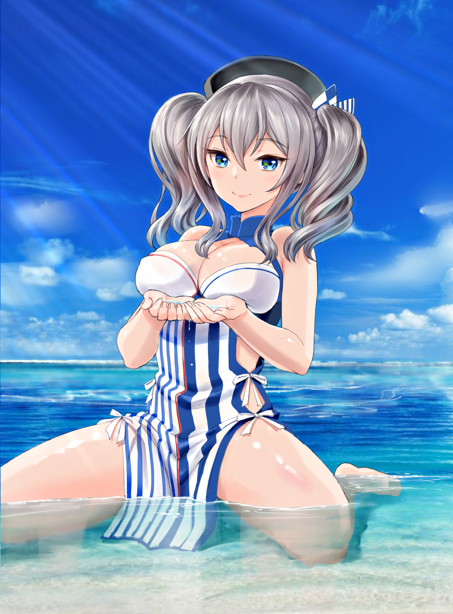 1girl, barefoot, beret, blue_eyes, body_blush, breasts, cleavage, clouds