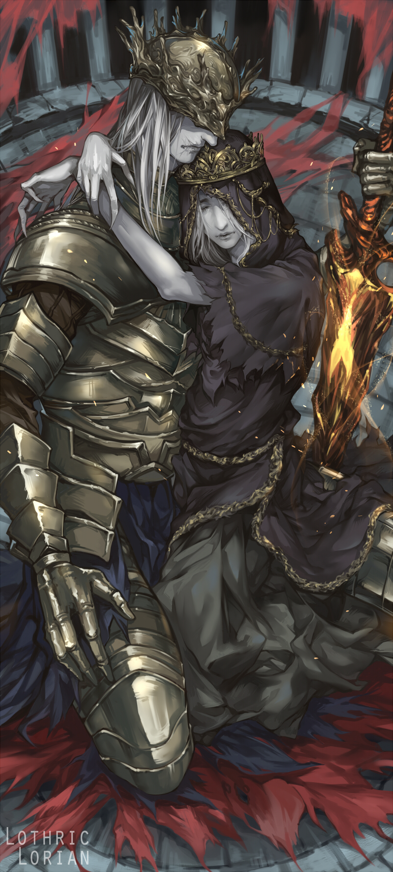 2boys, armor, brothers, capelet, character_name, dark_souls_iii, dkaki, fire