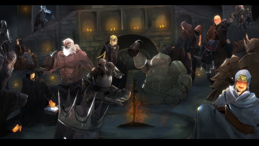 6+boys, 6+girls, anri_of_astora, armor, ashen_one_(dark_souls_3), bandages, beard, blacksmith_andre