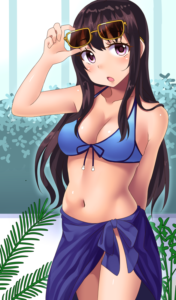 1girl, :o, adjusting_sunglasses, arm_up, bare_shoulders, blush, bow, breasts