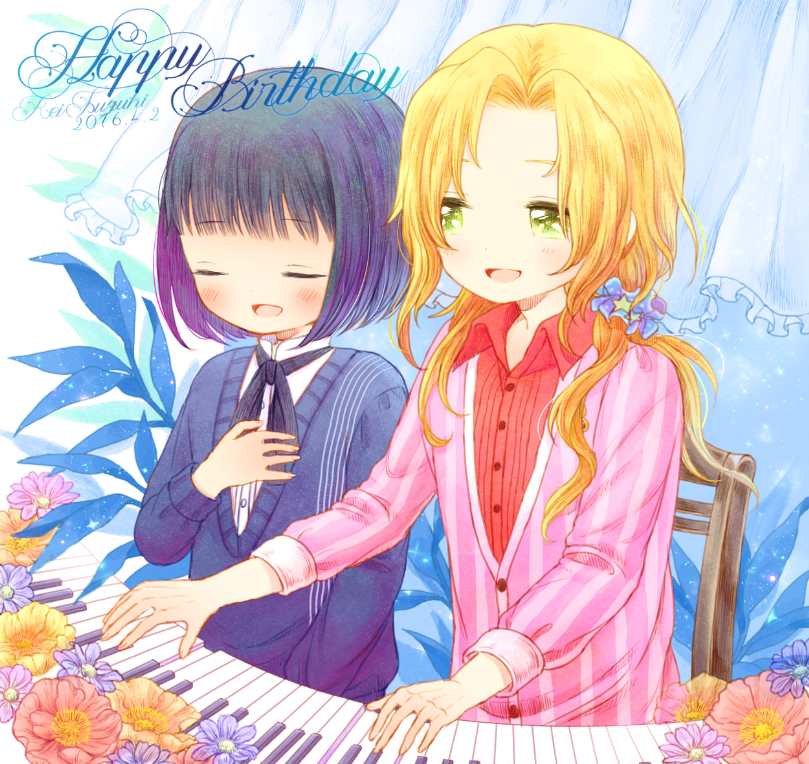 2boys, black_hair, blonde_hair, blush, bob_cut, dated, green_eyes, happy_birthday
