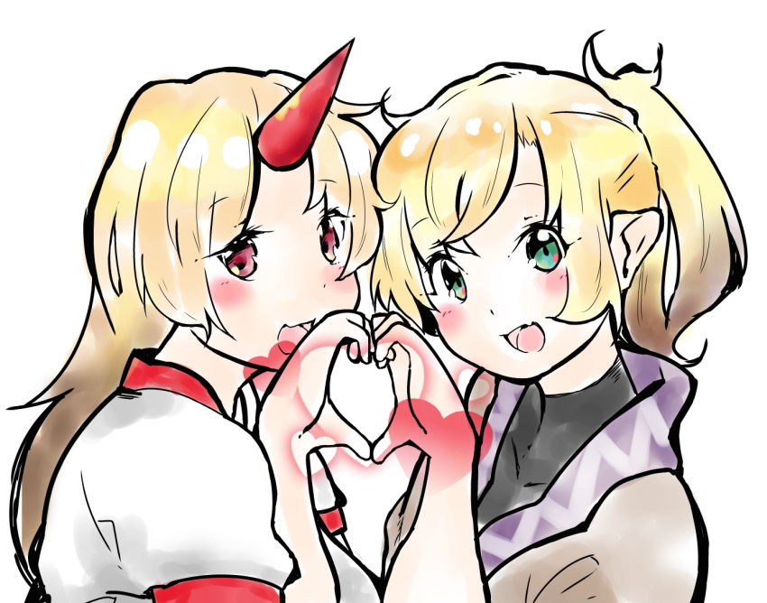 2girls, :d, blonde_hair, blush, fang, green_eyes, happy, heart