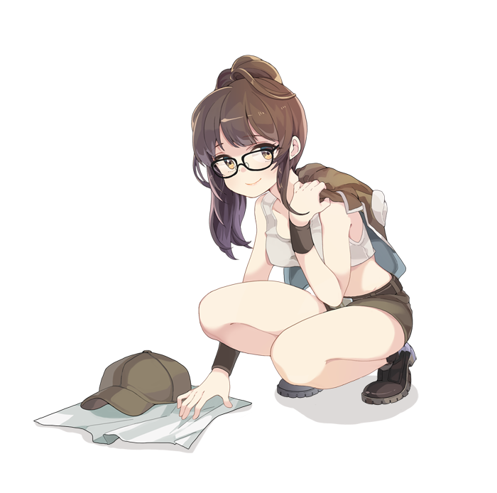 1girl, adcd, baseball_cap, belt, black-framed_glasses, brown_eyes, brown_hair, closed_mouth