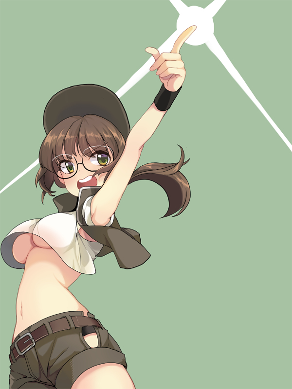 1girl, adcd, arm_up, baseball_cap, belt, black-framed_glasses, blush, breasts