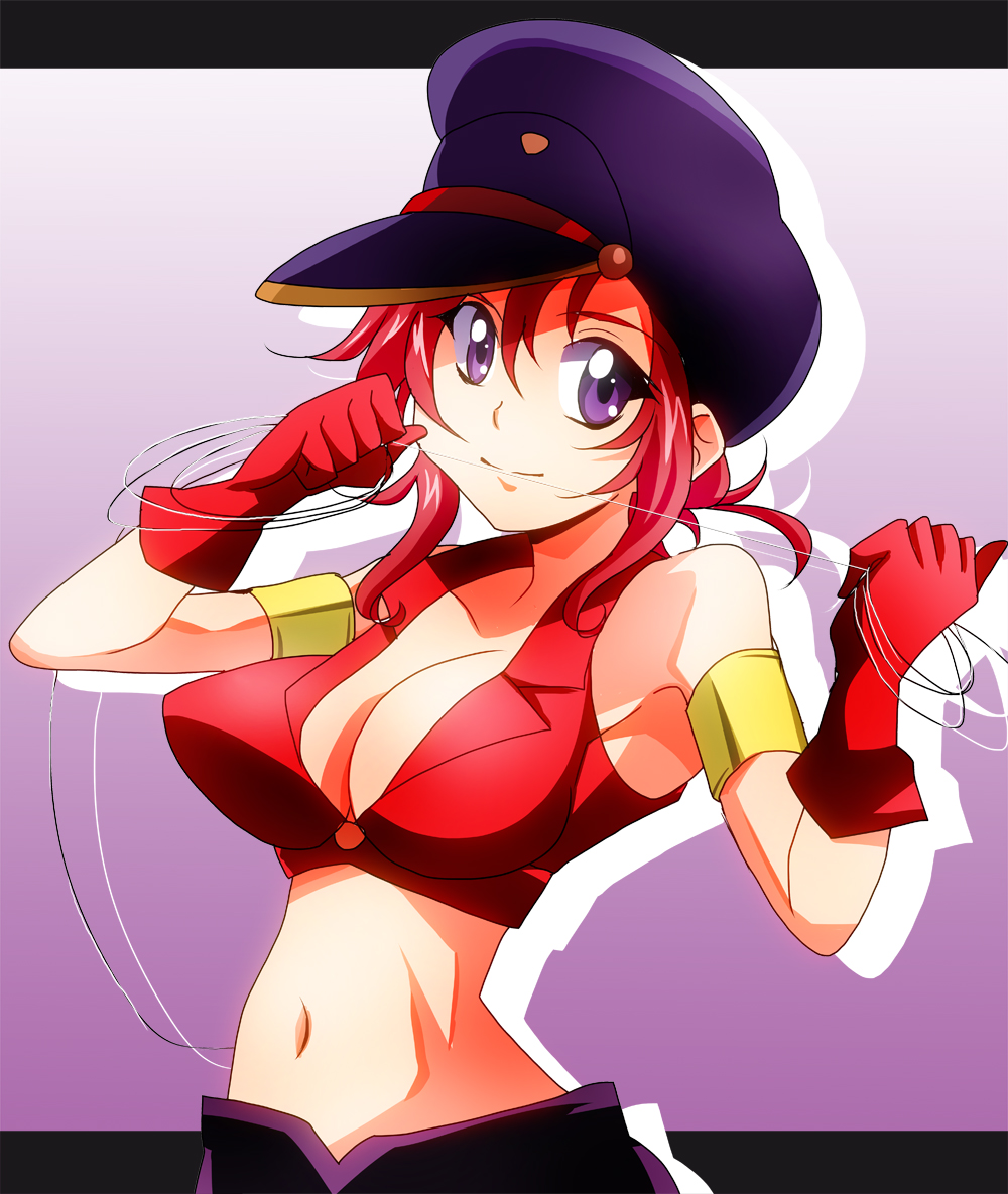 1girl, bakuretsu_hunters, black_hat, breasts, chocolate_misu, cleavage, cowboy_shot, gloves, hat, looking_at_viewer, masako_(sabotage-mode), midriff, mizutani_yuuko, navel, purple_background, red_gloves, red_shirt, redhead, shirt, short_hair, sleeveless, sleeveless_shirt, smile, solo, violet_eyes