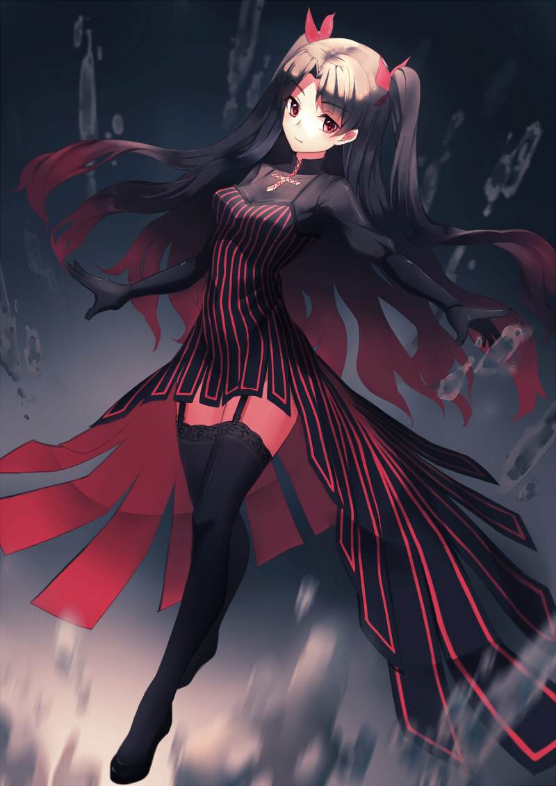 1girl, adapted_costume, bangs, black_background, black_gloves, black_hair, black_legwear, black_shoes