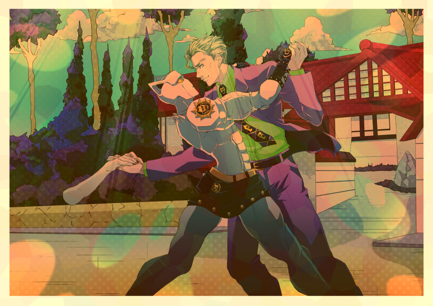 1boy, blonde_hair, blue_eyes, border, clouds, dancing, disembodied_limb, formal, green_sky, haruto1192, highres, house, jojo_no_kimyou_na_bouken, killer_queen, kira_yoshikage, male_focus, nail_polish, necktie, red_nails, rock, smile, stand_(jojo), suit, tree