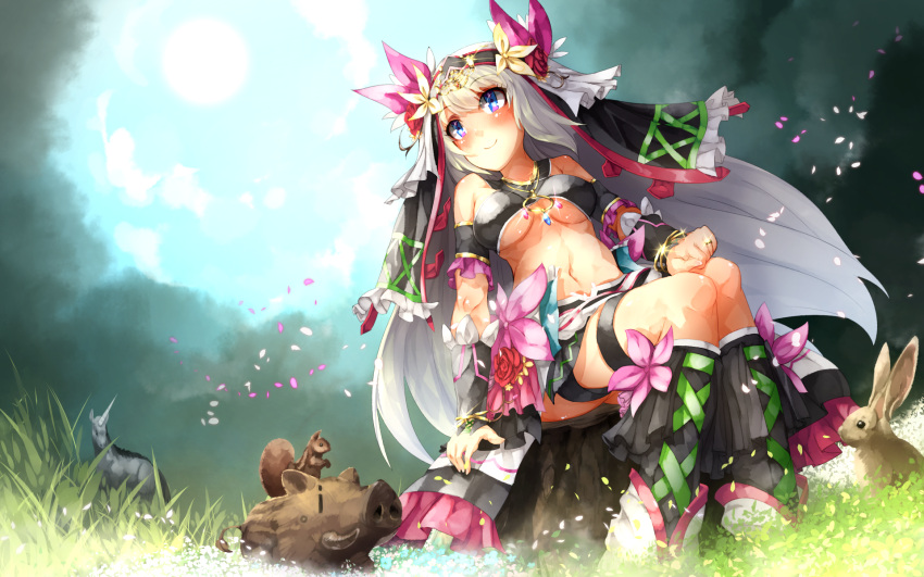 1girl, bare_shoulders, blue_eyes, blue_sky, boar, boots, breasts, flower