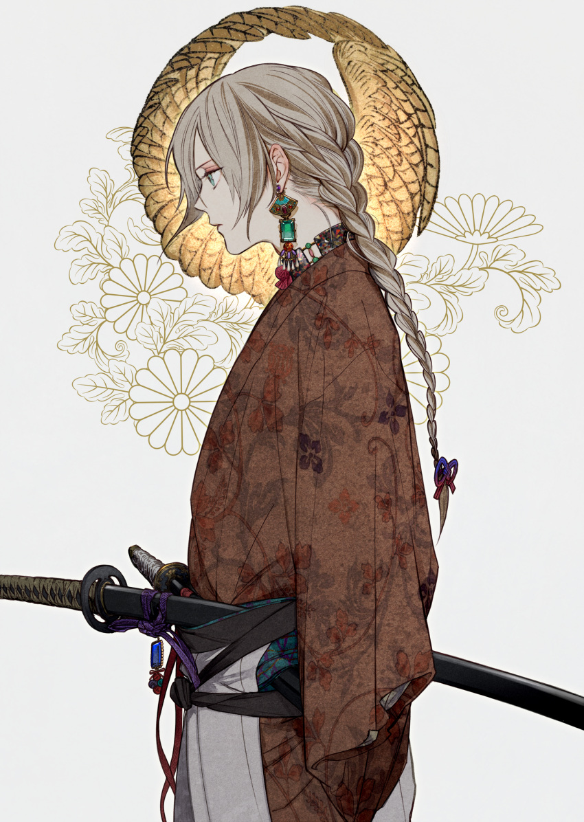 absurdres, androgynous, aqua_eyes, bangs, braid, chrysanthemum, closed_mouth, cowboy_shot