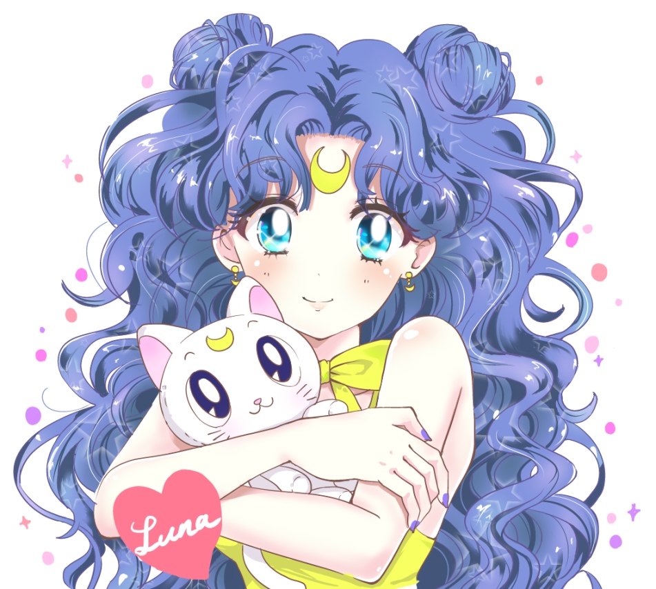 1girl, aqua_eyes, artemis_(sailor_moon), bishoujo_senshi_sailor_moon, blue_hair, character_name, crescent, crescent_earrings, double_bun, dress, duko, earrings, facial_mark, forehead_mark, heart, jewelry, luna_(sailor_moon), luna_(sailor_moon)_(human), nail_polish, objectification, purple_nails, smile, solo, star, stuffed_animal, stuffed_cat, stuffed_toy, upper_body, yellow_dress