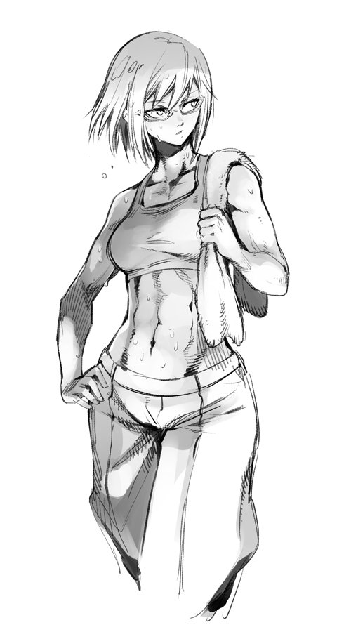 1girl, abs, biceps, breasts, fuse_ryuuta, glasses, michelle_k._davis, midriff