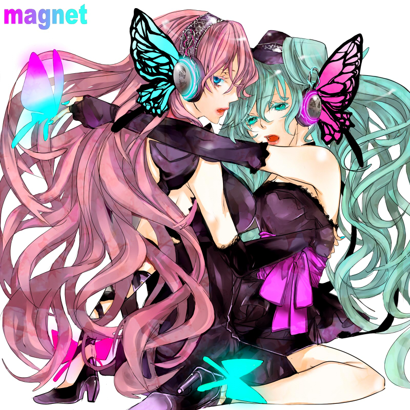 blue_eyes, butterfly, butterfly_wings, dress, elbow_gloves, fingerless_gloves, gloves, green_eyes