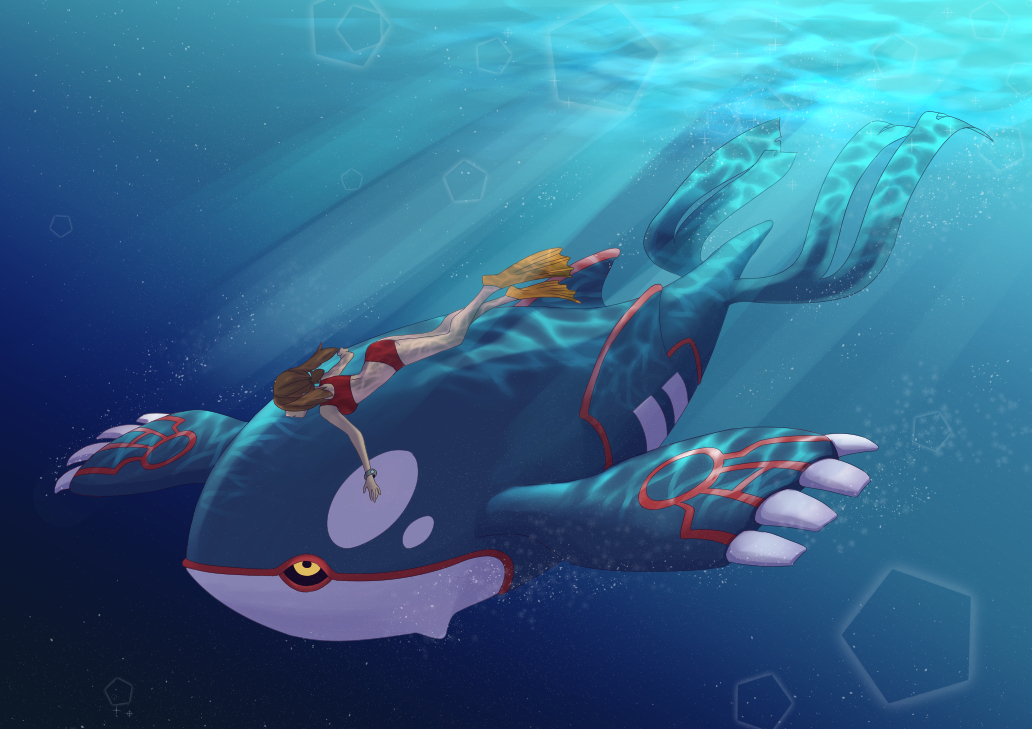 1girl, brown_hair, flippers, kyogre, light, nakakore, pentagon_(shape), pokemon