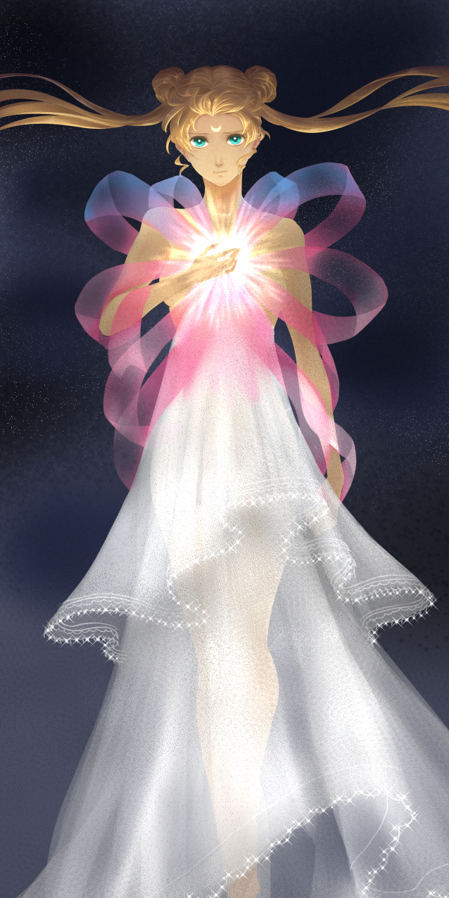 1girl, aqua_eyes, bishoujo_senshi_sailor_moon, blonde_hair, crescent, double_bun, facial_mark, forehead_mark