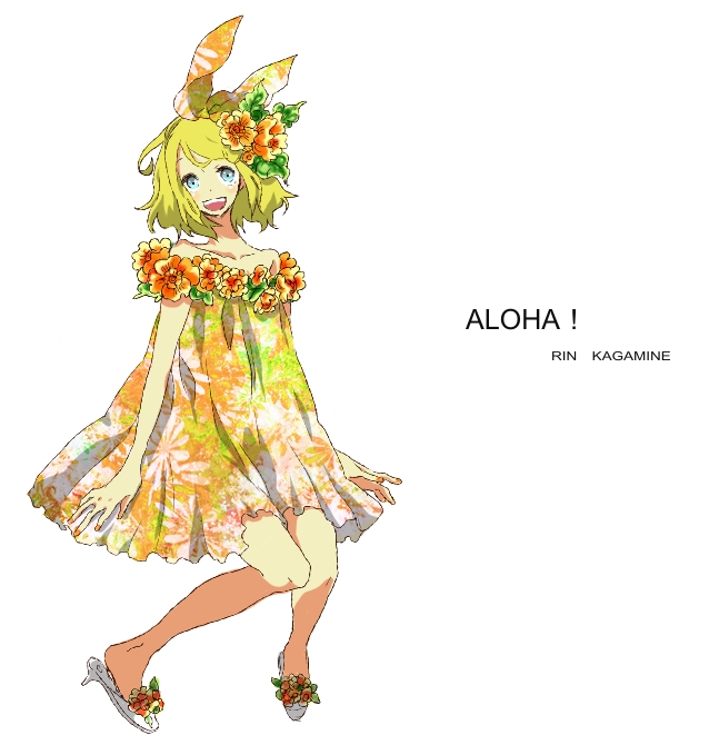 bare_shoulders, blonde_hair, blue_eyes, dress, flower, hageta, hair_ribbon, kagamine_rin