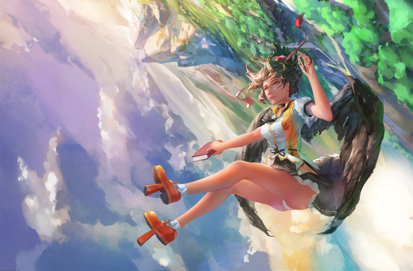 1girl, ascot, ass, belt, black_hair, black_skirt, black_wings, blue_sky