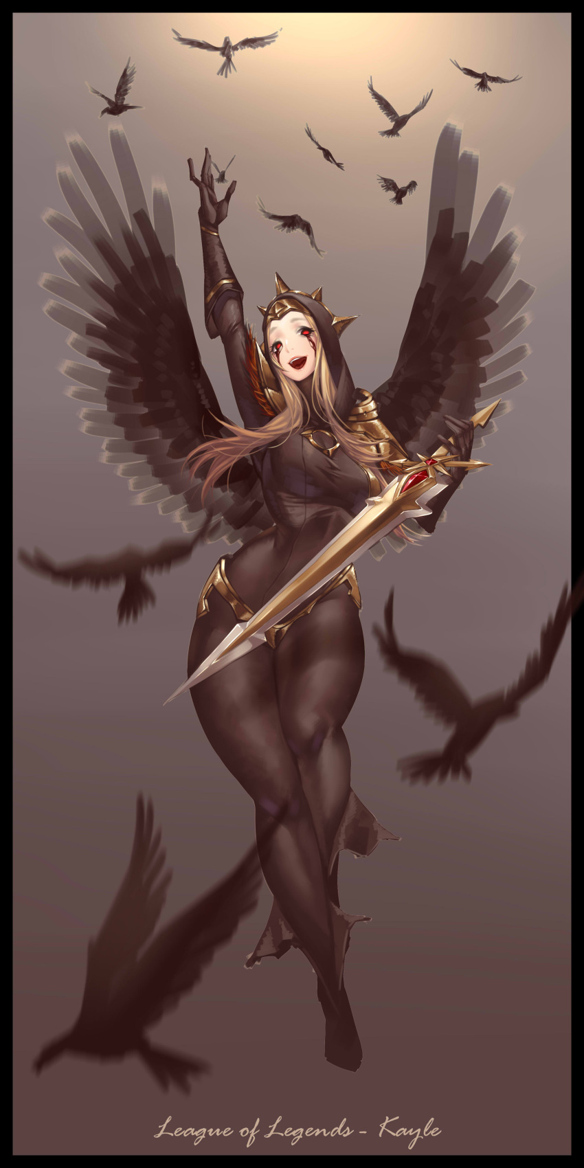 1girl, :d, absurdres, alternate_costume, black_wings, blonde_hair, blood, contrapposto