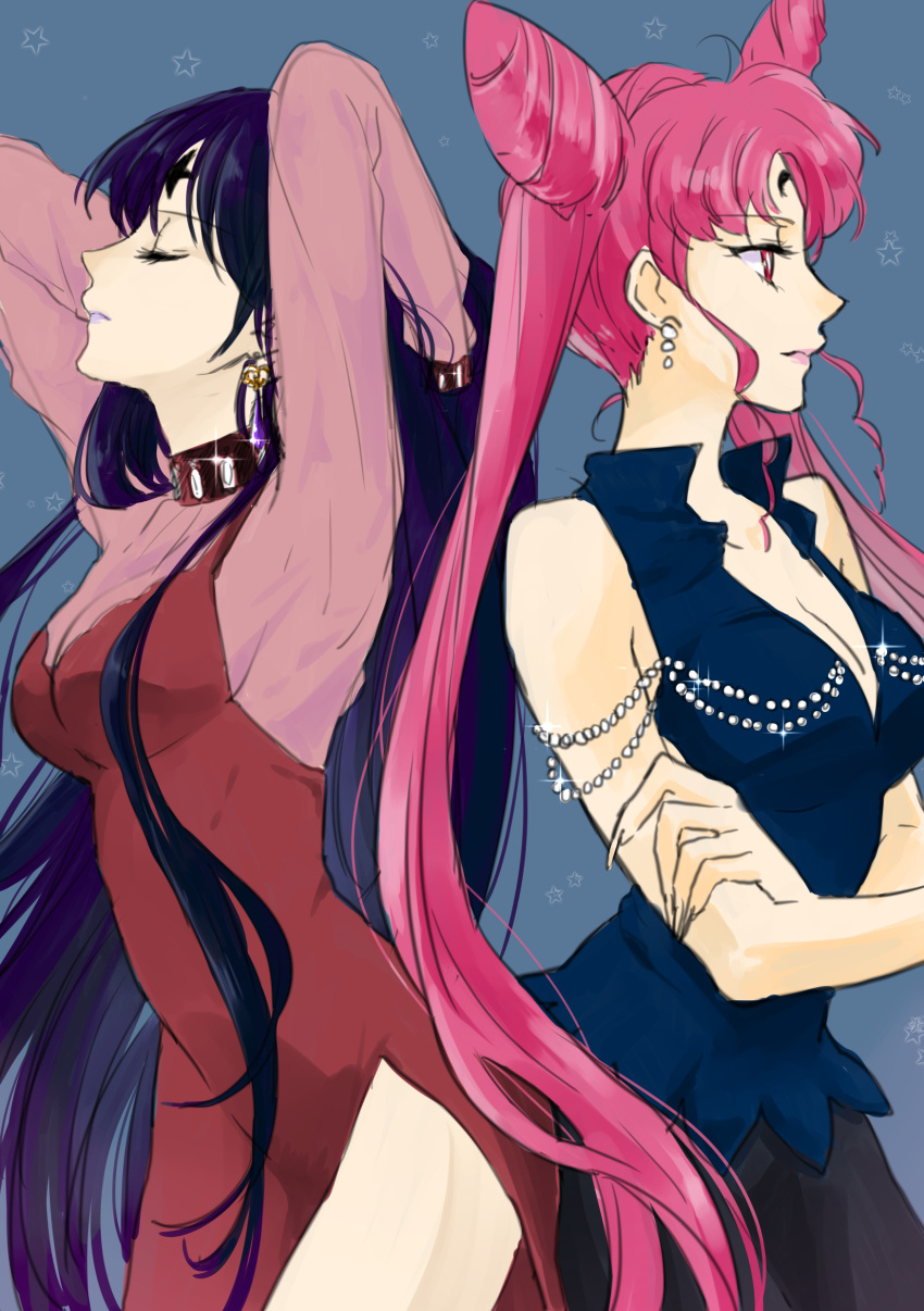 absurdres, arms_up, back-to-back, bishoujo_senshi_sailor_moon, black_lady, black_lady_(cosplay), breasts, chibi_usa, cleavage, closed_eyes, collar, cosplay, costume_switch, crescent, crossed_arms, crystal_earrings, double_bun, dress, earrings, facial_mark, fingernails, forehead_mark, hands_in_hair, highres, jewelry, lavender_lipstick, lipstick, long_fingernails, long_hair, makeup, mistress_9, mistress_9_(cosplay), pink_dress, pink_eyes, pink_hair, pink_lipstick, purple_hair, sakkinryoku, shiny, sidelocks, star, starry_background, tomoe_hotaru, twintails, very_long_hair