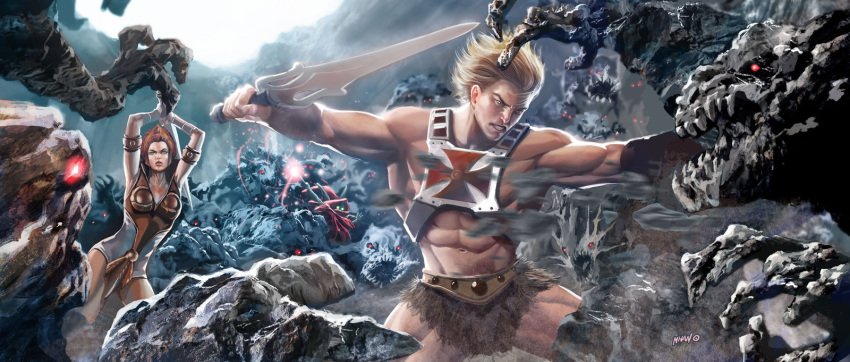 1girl, 2boys, abs, angry, arm_guards, armor, artist_request, barbarian, battle, belt, blonde_hair, blue_eyes, blue_skin, fantasy, glowing, glowing_eyes, green_eyes, hat, he-man, highres, magic, manly, masters_of_the_universe, monster, multiple_boys, muscle, orko, pointy_ears, realistic, redhead, rock, science_fiction, signature, surrounded, sword, sword_of_power, teela, vest, wand, weapon, wizard