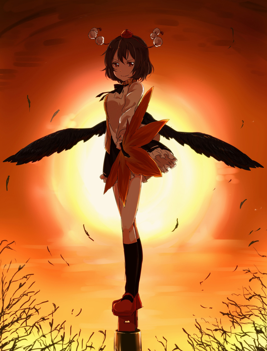 1girl, absurdres, backlighting, black_hair, black_legwear, black_skirt, black_wings, closed_mouth