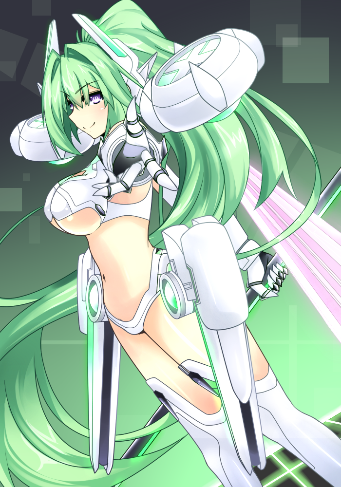 1girl, blush, breasts, cleavage, green_hair, green_heart, large_breasts, long_hair, looking_at_viewer, neptune_(series), outstretched_hand, polearm, ponytail, solo, spear, symbol-shaped_pupils, vert, very_long_hair, violet_eyes, warabi_mochi_(ehimedaisuki), weapon