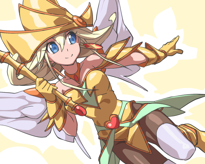 1girl, bare_shoulders, blonde_hair, blue_eyes, boots, brown_legwear, dress, duel_monster, earrings, gloves, hat, heart, jewelry, lemon_magician_girl, long_hair, looking_to_the_side, masunikuru, pantyhose, smile, solo, star, thigh-highs, thighhighs_over_pantyhose, white_legwear, wings, yuu-gi-ou