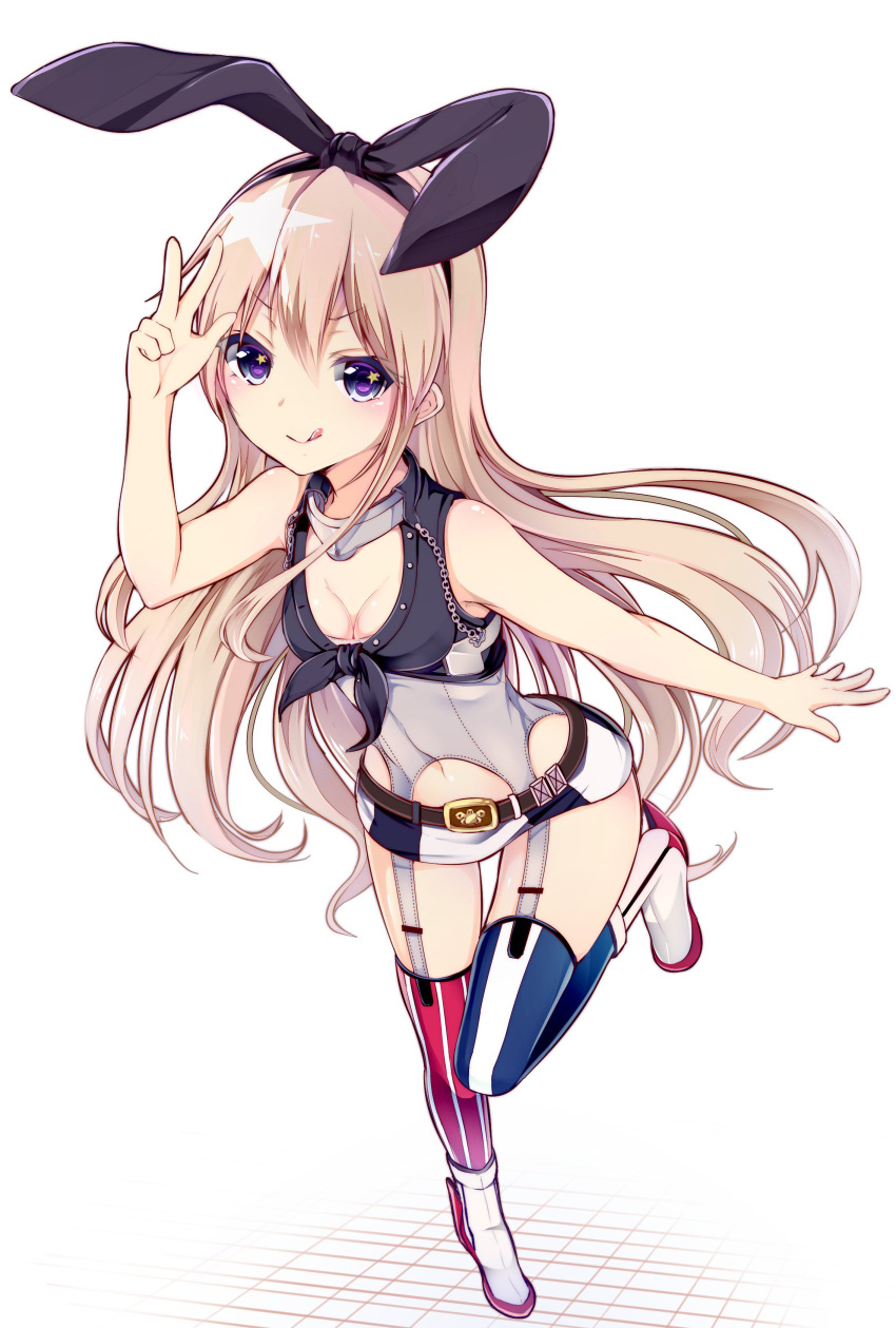 1girl, absurdres, blonde_hair, garter_straps, hairband, highres, iowa_(kantai_collection), iowa_(kantai_collection)_(cosplay), kantai_collection, miniskirt, shimakaze_(kantai_collection), skirt, suitenjh, thigh-highs, violet_eyes