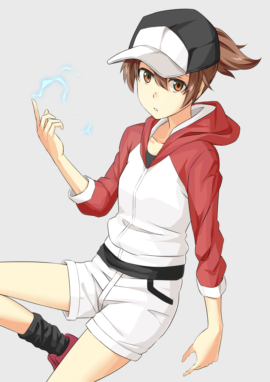 1girl, baseball_cap, brown_eyes, brown_hair, electricity, hat, highres, hood, hooded_jacket, jack-barro, jacket, misaka_mikoto, ponytail, short_hair, to_aru_kagaku_no_railgun, to_aru_majutsu_no_index