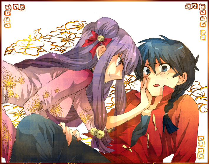 1girl, abaraya, braid, chinese_clothes, hand_on_another's_cheek, hand_on_another's_face, mizutsuki, purple_hair