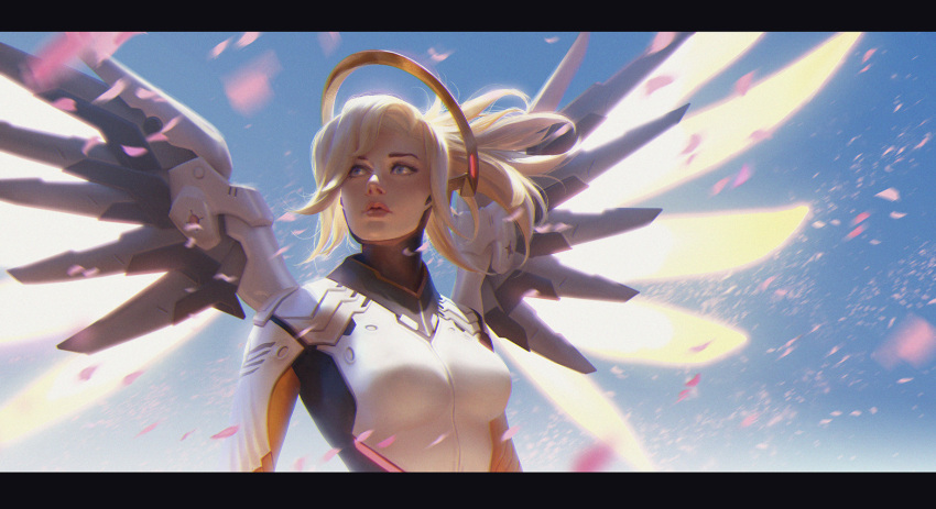1girl, blonde_hair, blue_eyes, blue_sky, bodysuit, breasts, elbow_gloves, gloves, high_ponytail, highres, jana_schirmer, lips, long_hair, long_sleeves, looking_away, mechanical_halo, mechanical_wings, mercy_(overwatch), overwatch, petals, ponytail, realistic, short_hair, sky, solo, staff, wings