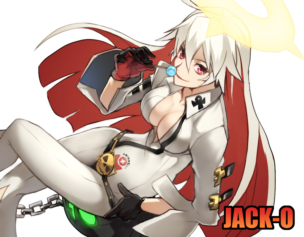 1girl, black_gloves, breasts, candy, character_name, cleavage, gloves, guilty_gear, guilty_gear_xrd, halo, jack-o_(guilty_gear), lollipop, long_hair, looking_at_viewer, nanasi69, pink_eyes, redhead, solo, white_hair