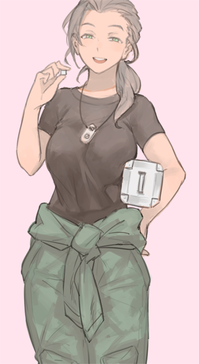 1girl, :d, black_shirt, blush, breasts, carrying_under_arm, clothes_around_waist, cowboy_shot, female, fuyushima_shinji, genderswap, genderswap_(mtf), green_eyes, grey_hair, hair_over_shoulder, hand_on_hip, jewelry, jumpsuit, large_breasts, legs_together, long_hair, looking_at_viewer, low_ponytail, necklace, nod6125, open_mouth, pink_background, pocket, shirt, short_sleeves, simple_background, smile, solo, t-shirt, world_trigger