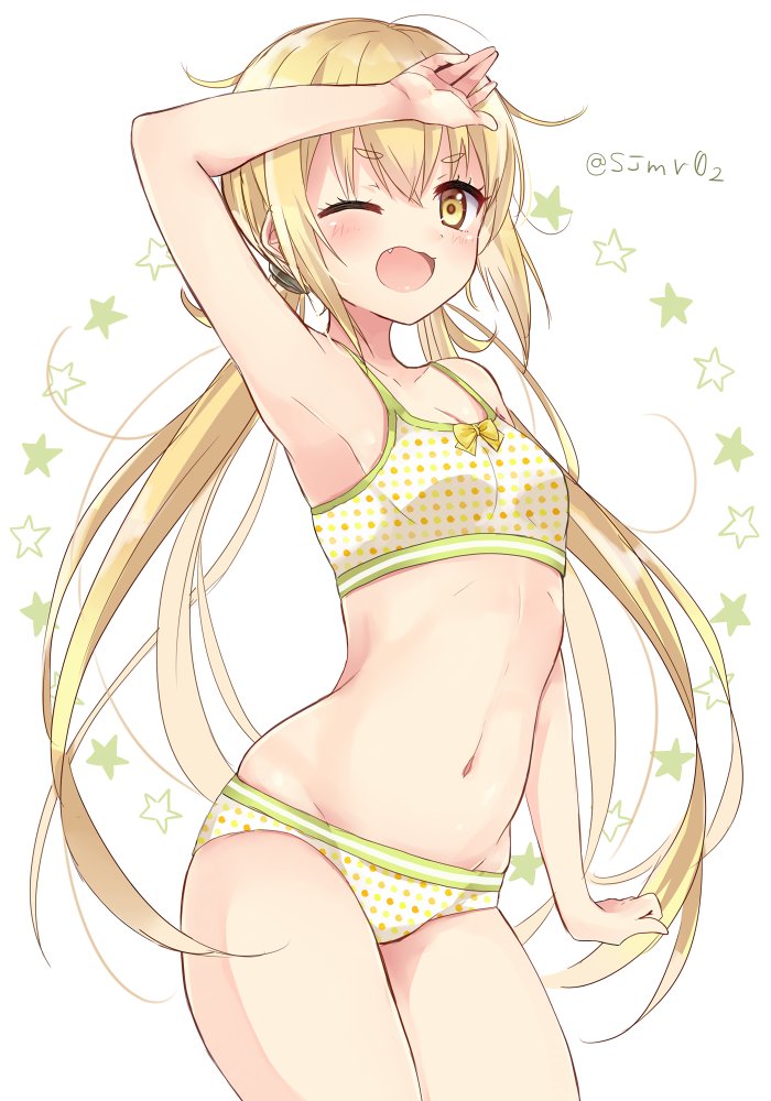 1girl, arm_up, armpits, bikini, blonde_hair, bow, collarbone, cowboy_shot