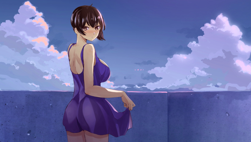 1girl, alternate_costume, back, bare_shoulders, blue_dress, blush, breasts, brown_eyes