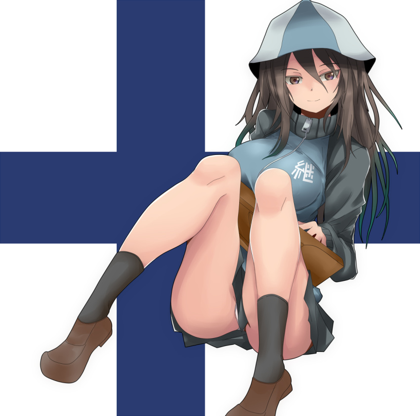 1girl, blush, breasts, brown_eyes, brown_hair, dateya_torahachi, finland, flag