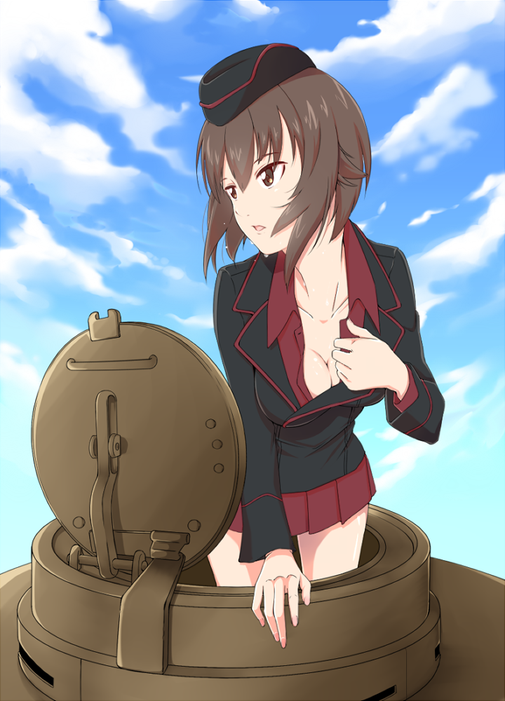 1girl, arm_support, bangs, black_jacket, breasts, brown_eyes, brown_hair, cleavage, clouds, cloudy_sky, dress_shirt, egooo, garrison_cap, girls_und_panzer, hat, hot, jacket, long_sleeves, looking_to_the_side, military, military_uniform, military_vehicle, miniskirt, nishizumi_maho, pleated_skirt, red_shirt, red_skirt, shirt, short_hair, skirt, sky, solo, standing, sweat, sweating, tank, tiger_i, uniform, vehicle
